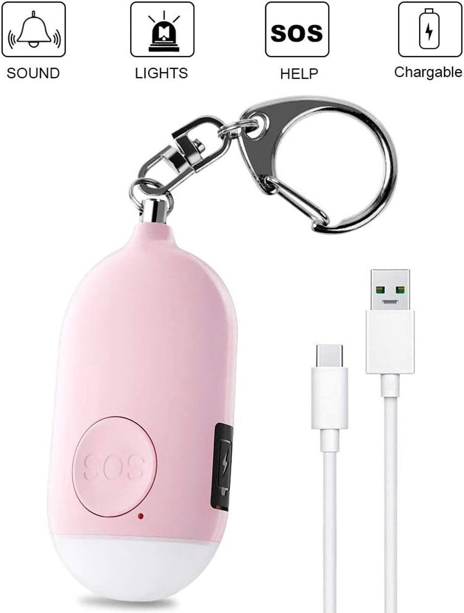 Rechargeable Personal Alarm – Keychain – Personal Alarm – Alarm Keychain – Rechargeable LED Flashlight – Self-Defense Products – Self-Defense Alarm – Personal Alarm – Pink