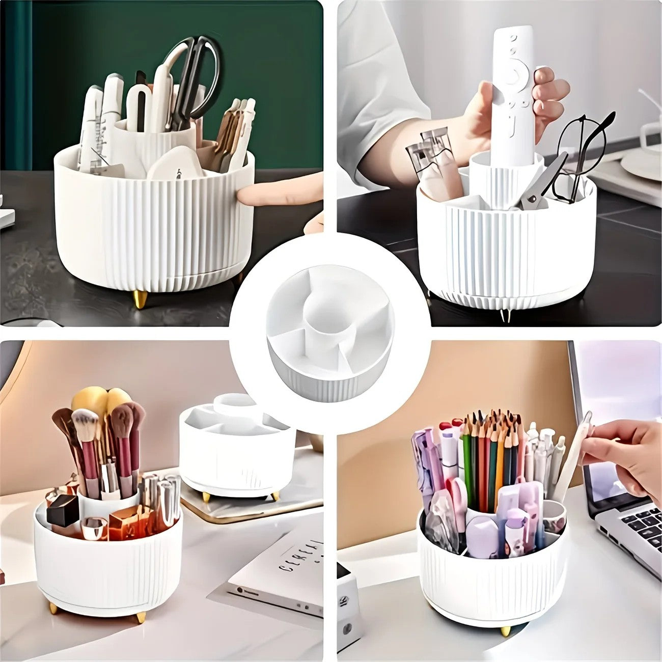 Pink 360-Degree Rotating Cosmetic Organizer – 1 Plastic Makeup Storage Box with 5 Compartments – Multi-Purpose Holder for Brushes, Lipsticks, Skincare Products, and Stationery – Durable Odor-Free Desktop Storage Container with Luxurious Stripe Design