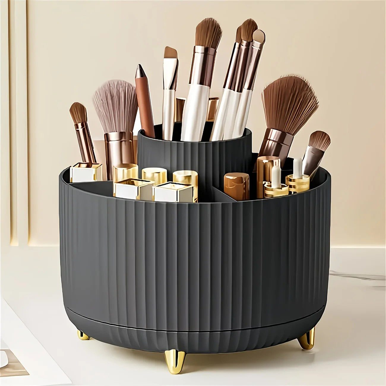 Pink 360-Degree Rotating Cosmetic Organizer – 1 Plastic Makeup Storage Box with 5 Compartments – Multi-Purpose Holder for Brushes, Lipsticks, Skincare Products, and Stationery – Durable Odor-Free Desktop Storage Container with Luxurious Stripe Design