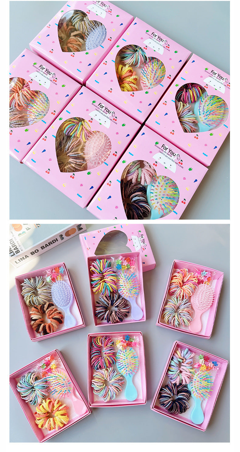 Style 6 Boxed Hair Tie Set with Pink Rubber Bands, Cute Hair Accessories & Mini Comb – Perfect Gift for Girls